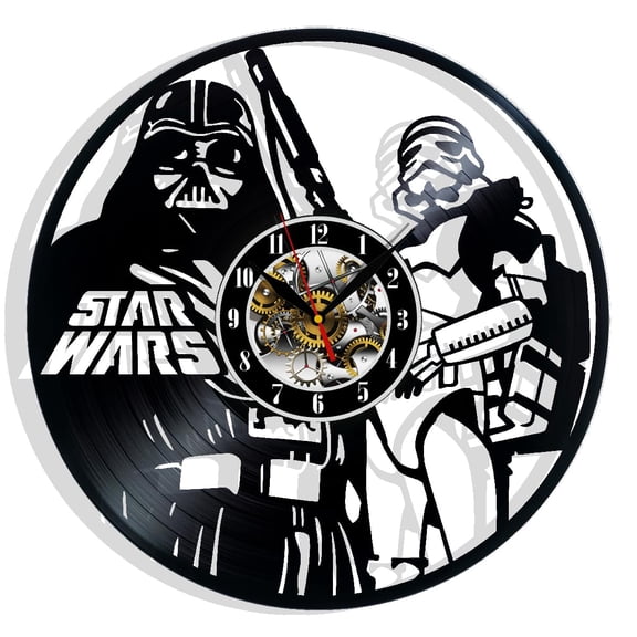 Star Decor Wars Vinyl Wall Clock with Epic Space Movie Characters Vintage Space Movie Heroes Themed Art Home Room Decorations Gift for Birthday Holiday Christmas 12 LP Clock Black A101