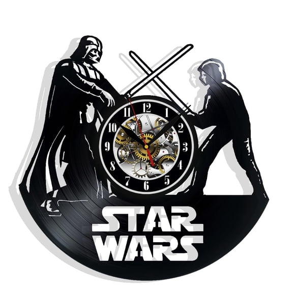 Star Decor Wars Vinyl Wall Clock with Epic Space Movie Characters Vintage Space Movie Heroes Themed Art Home Room Decorations Gift for Birthday Holiday Christmas 12 LP Clock Black A101