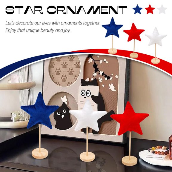 Star Decorations, 4Th of July Decor, 7 in Plush Star Figurines, Wooden Base, Table Centerpiece, Holiday Home Decor, Patriotic Accents, 3 Set