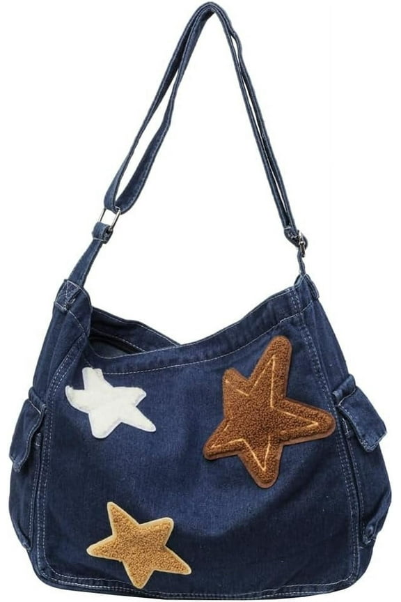 Star Denim Shoulder Bag Multi Pocket Tote Bag Trendy Crossbody Bag Retro Hobo Bag Large Capacity Messenger Bag for
