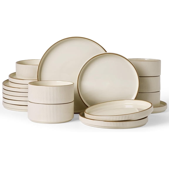 Star Dinnerware Set, Plates and Bowls Sets for 6 (18pcs), Ribbed Stoneware Dishes - Chip & Scratch Resistant, Microwave & Dishwasher Safe Kitchenware, Cream