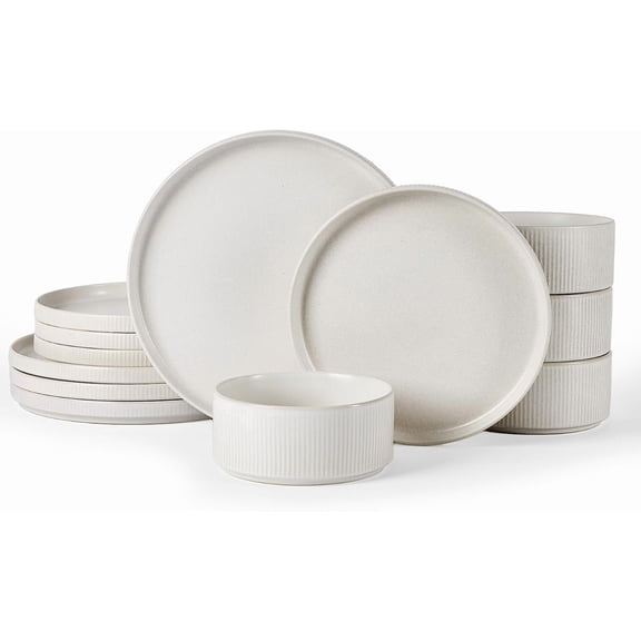 Star Dinnerware Sets Plates and Bowls Set for 4 12 Pieces Ribbed Dishes Chip and Scratch Resistant Microwave and Dishwasher Safe Tableware Matte White Matte White Service for 4 (Standard Dinner...
