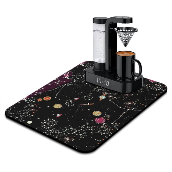 Star Dish Drying Mat, Moon Sun Rocket Alien Absorbent Kitchen Mat, Outer Space Aesthetic