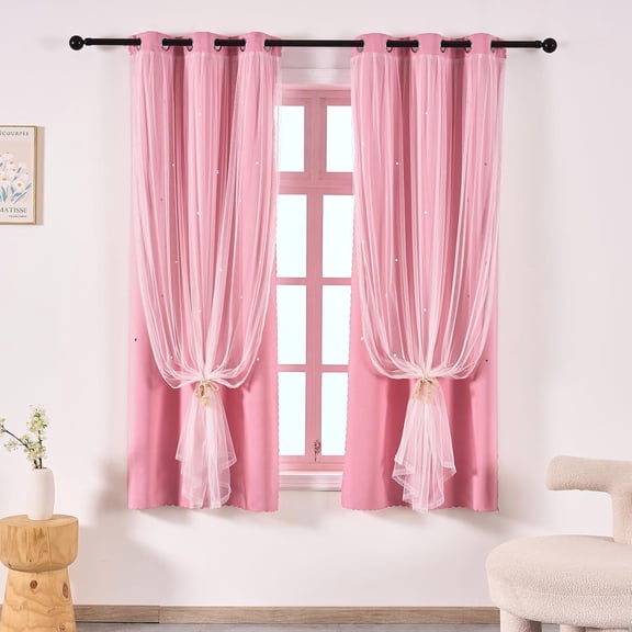 Star Double Layer Blackout Curtains,2 Panel,35Wx63L,Pink | Decorative Drapes with Hollow Cutout Design, Grommet Top Window Treatment for Girls Bedroom Princess Style Home Decor