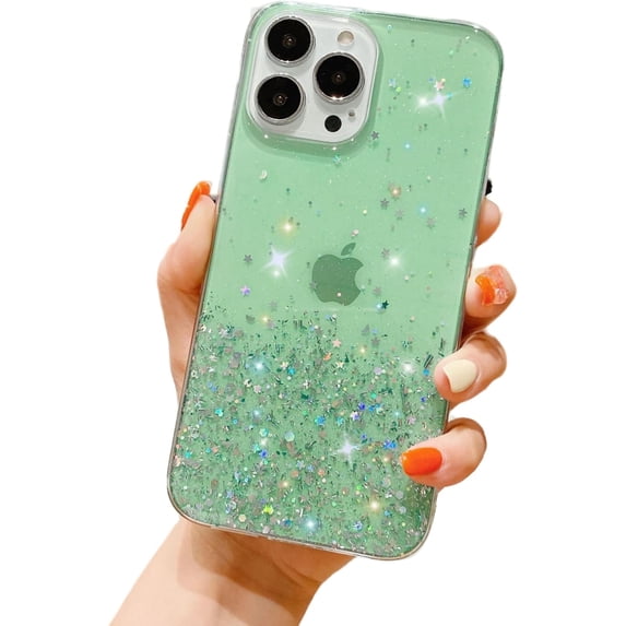 Star Drip Glitter Sequins Phone Case, Clear Phone Case, Glitter Pink Sequins, Ladies' Favourite for iPhone 15 14 13 12 11 Pro Max Mini XS XR 7 8 6 Phone Case (Green,iPhone 11)