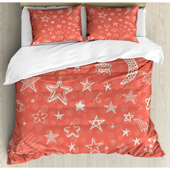 Star Duvet Cover Set, Moon and Stars Theme Pattern Starry Night Shooting Stars Space Galaxy Style, Decorative 3 Piece Bedding Set with 2 Pillow Shams, Queen Size, Coral White, by Ambesonne