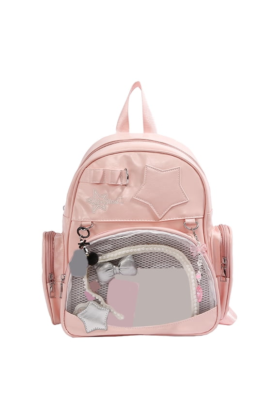 Star Embossed PU Ita Backpack, Y2K Harajuku Shoulder Bag with Clear Display Panel, Adjustable Strap Pack for Shopping Dating, 17.32 Inch (Pink)