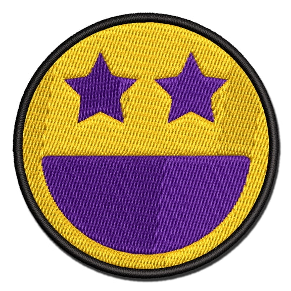Star Eyes Happy Face Big Smile Mouth Emoticon Applique Multi-Color Embroidered Iron-On Patch - 2.0 Inch Mini