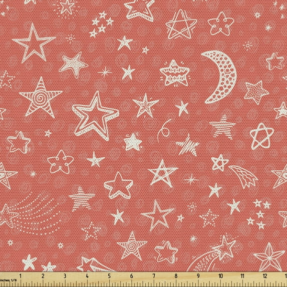 Ambesonne Coral Fabric by the Yard Upholstery, Moon and Stars Space, 2 Yards, Coral White