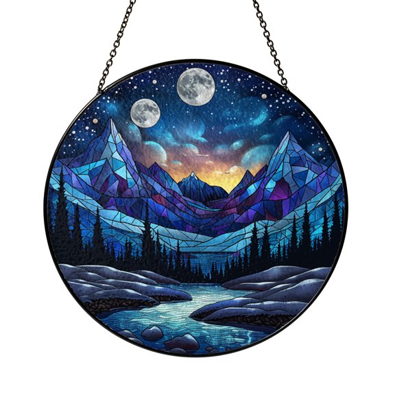 Star Filled Sky Mountain Window Decor – Stained Glass Look Art