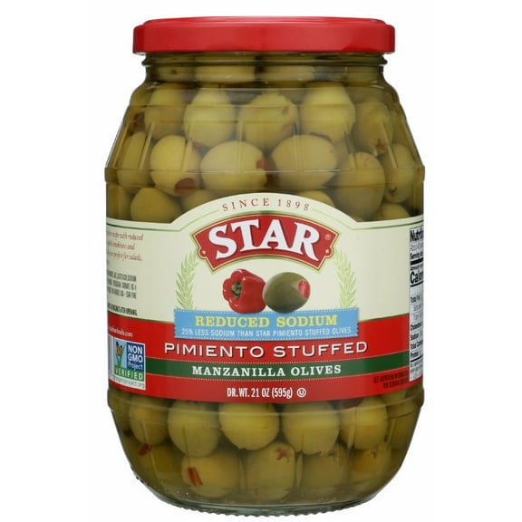 Star Reduced Sodium Pimiento Stuffed Manzanilla Olives 21 oz (Pack of 2)