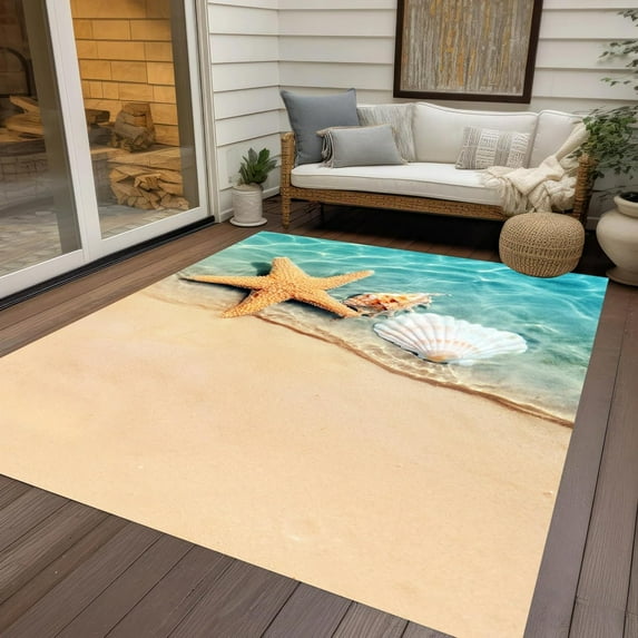 Star Fish and Shell Coastal Beach Theme Indoor Outdoor Area Rug 3x5ft No-Slip Washable Patio Deck Backyard Balcony Floor Carpet Livingroom Bedroom Kitchen Rug Mat