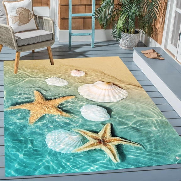 Star Fish Shell Ocean Beach 3D Illusion Outdoor Area Rug 2''x6'' Blue Beige Waterproof Reversible Carpet for Patio Backyard Deck Balcony Livingroom Bedroom Rug