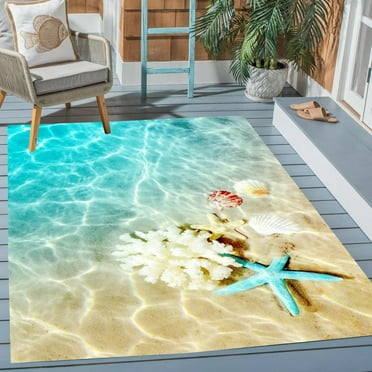 Star Fish Shell Ocean Beach Theme Indoor Outdoor Area Rug 1'x2' Multi Non-Shedding Reversible Rug for Patio Deck Backyard Balcony Living Dining Room Bedroom Carpet