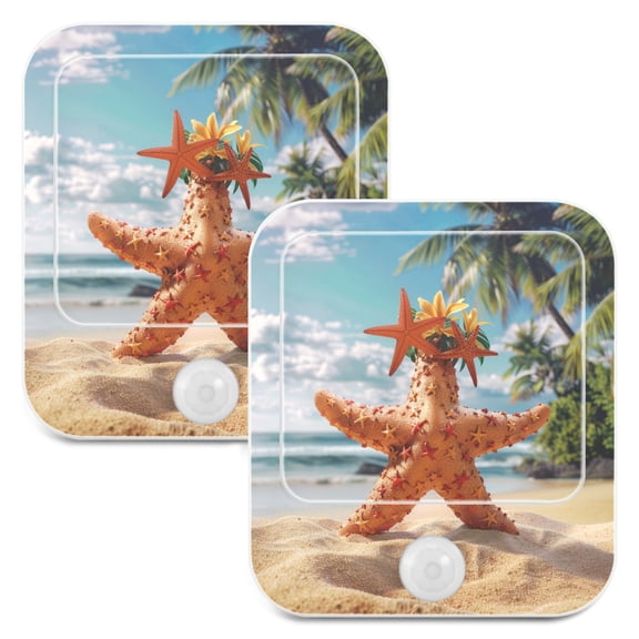Star Fish Tropical Palm 2 Pack LED Motion Sensor Night Light Plug into Wall Auto Dusk to Dawn Adjustable Brightness for Kids Bedroom Hallway Nursery Room