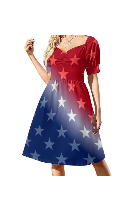Star Flag Pirnt Dress USA 4th of July Independence Day Trendy Dresses Short Sleeve Street Casual Dress V Neck Clothes