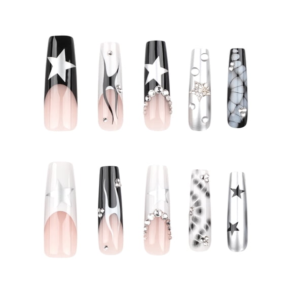 Star Flame Rhinestone Press on Nails, Nude Pink Black Long Square Glossy Metallic False Nails, 24 Count