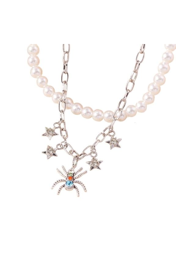 Star Fringe Bat Pendant Necklace Double Layer Pearl Bead Choker Link Chain Necklace Stackable Clavicle Chain Jewelry