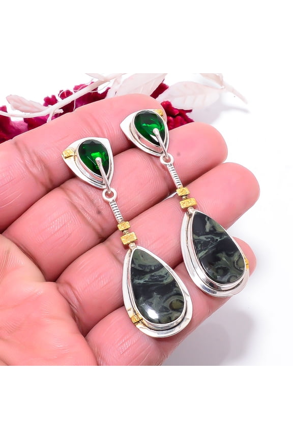 Star Galaxy Jasper - India & Chrome Diopside 925 Silver Two Tone Earring 2.34", Handmade Jewelry, Dangle Earring