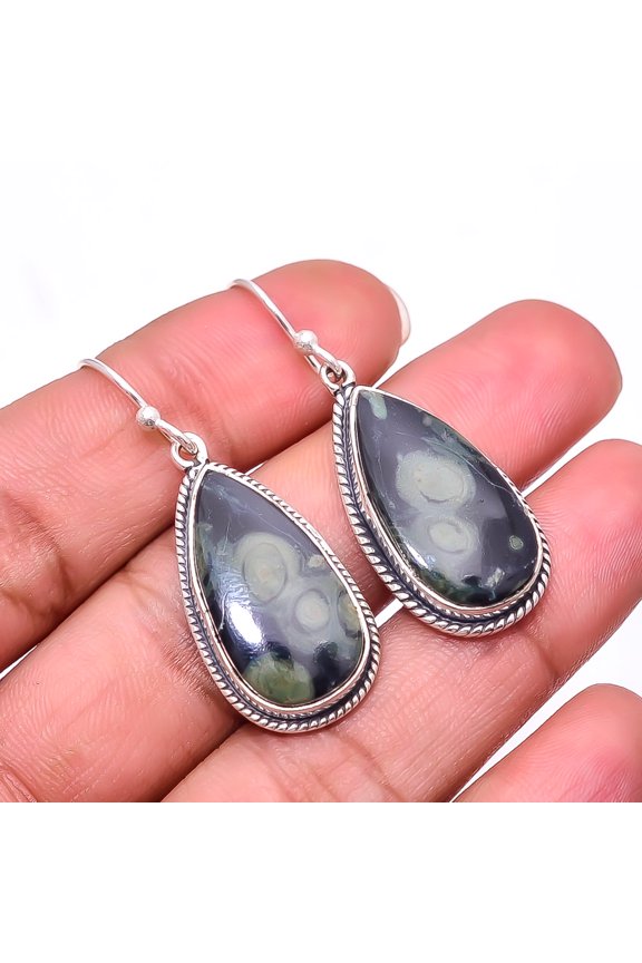 Star Galaxy Jasper -India Designer Handmade 925 Sterling Silver Earring 1.64", Green Star Galaxy Jasper Earring E_8020_330_33
