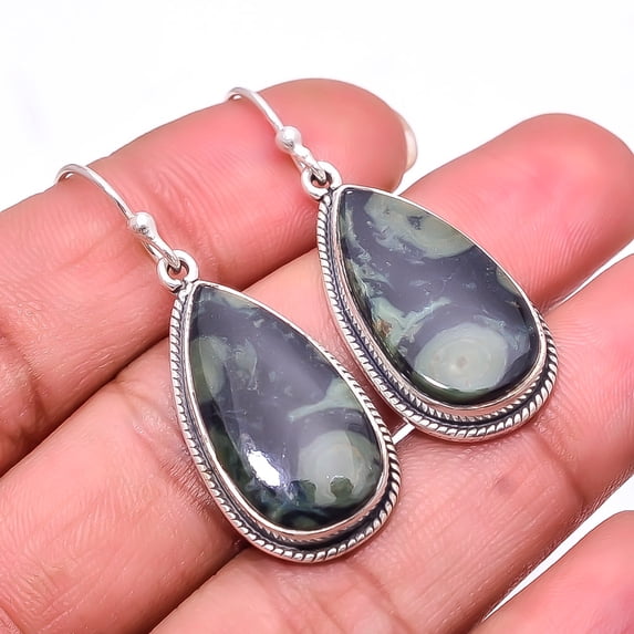 Star Galaxy Jasper -India Designer Handmade 925 Sterling Silver Earring 1.64", Green Star Galaxy Jasper Earring E_8020_330_60