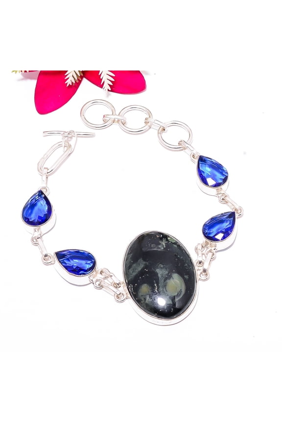 Star Galaxy Jasper, Sapphire (Simulated) 925 Sterling Silver Bracelet 7.99" B32