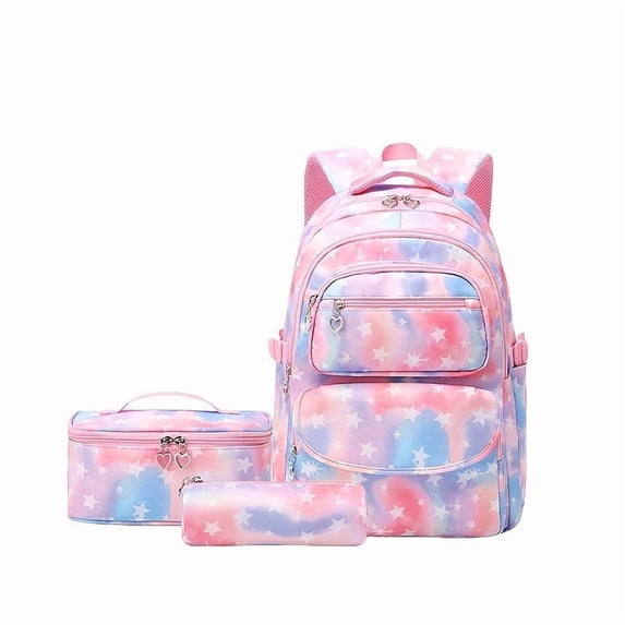 Star Gradient Print Backpack 3 in 1 Set, Water Resistant Lightweight School Bookbag with Lunch Bag and Pencil Case for Elementary Students
