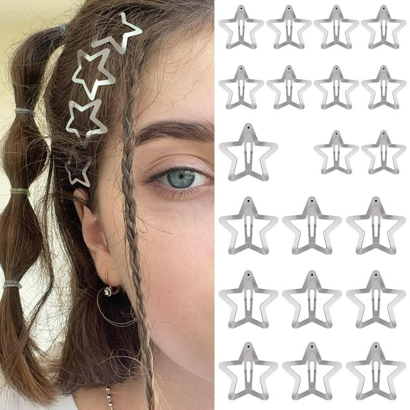 Star Hair Clips 2000s Y2K Snap Hair Barrettes Non Slip Star Hair Accessories Silver Metal Hair Clips for Girls Women -20 PCS 1.18", 1.57"