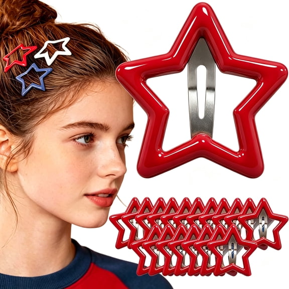 Star Hair Clips for Girls, 21Pcs Red White Blue Star Snap Barrettes & Premium Metal Non-Slip Hold for Daily Wear, Party, Holiday Hairstyles