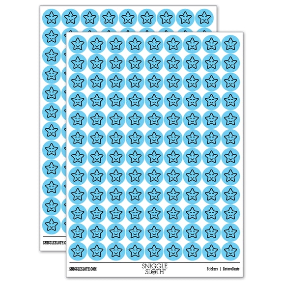 Star Happy Face Emoticon 200+ Round Stickers - Light Blue - Gloss Finish - 0.50" Size