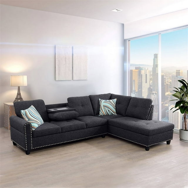 Star Home Living Corp Victor Linen Fabric Sectional Sofa in Black/Gray ...