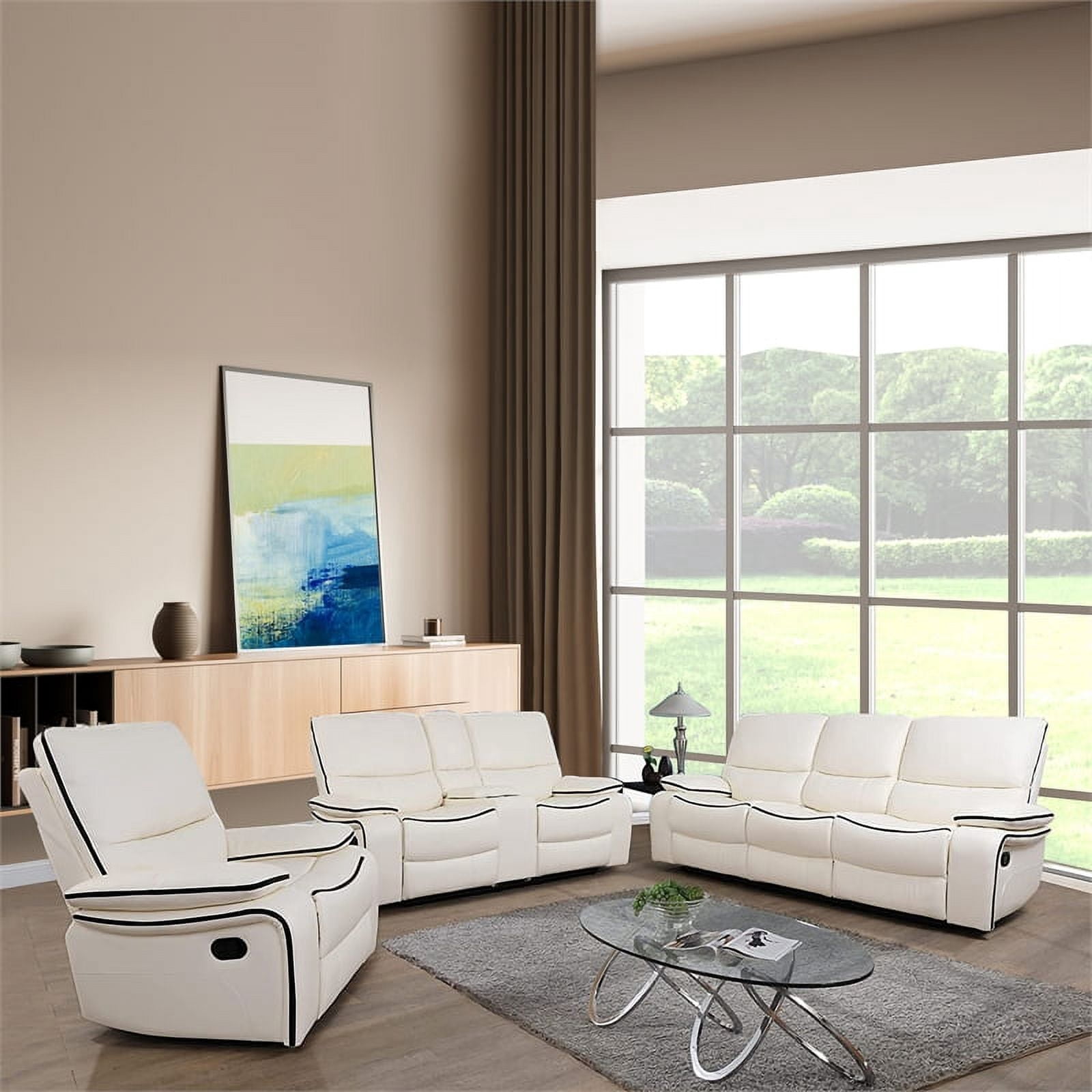 Star Home Living Nikki 3-Piece Modern Leather Recliner Sofa Set, White