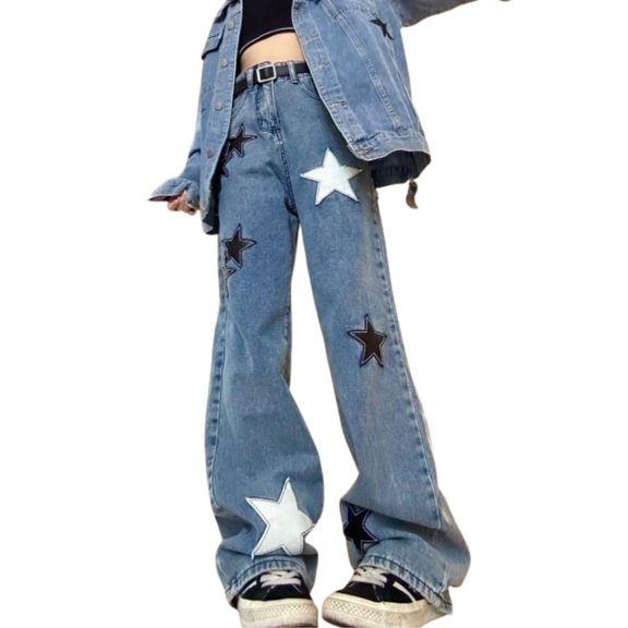 Star Jeans for Women Girls Baggy Cute Patchwork Denim Pants Y2k High Waisted Jeans Grunge Aesthetic Clothes