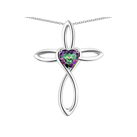 Star K� 10k Gold Infinity Love Cross with Rainbow Mystic Topaz Heart Stone Pendant Necklace