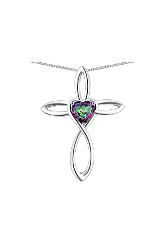 10k Gold Infinity Love Cross with Rainbow Mystic Topaz Heart Stone Pendant Necklace