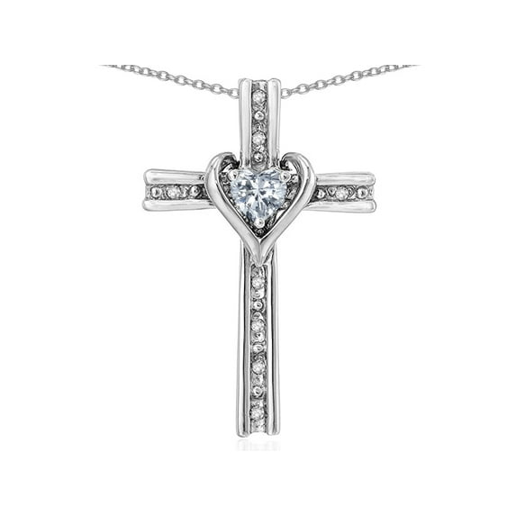 Star K� 10k Gold Two Tone Love Cross with Genuine White Topaz Heart Stone Pendant Necklace