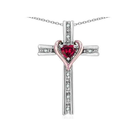 Star K� 10k Rose Gold Two Tone Love Cross with Created Ruby Heart Stone Pendant Necklace