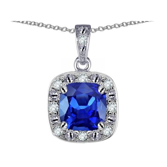 Star K� 10k White Gold Cushion-Cut Created Sapphire Halo Pendant Necklace