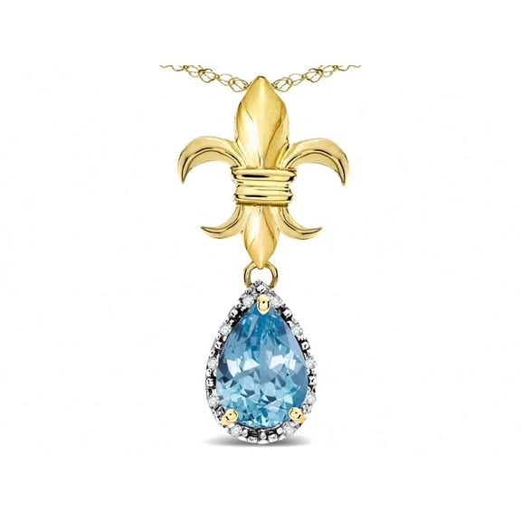 Star K � 10k Yellow Gold Pear Shape 8x6mm Simulated Aquamarine Fleur De Lis Pendant Necklace