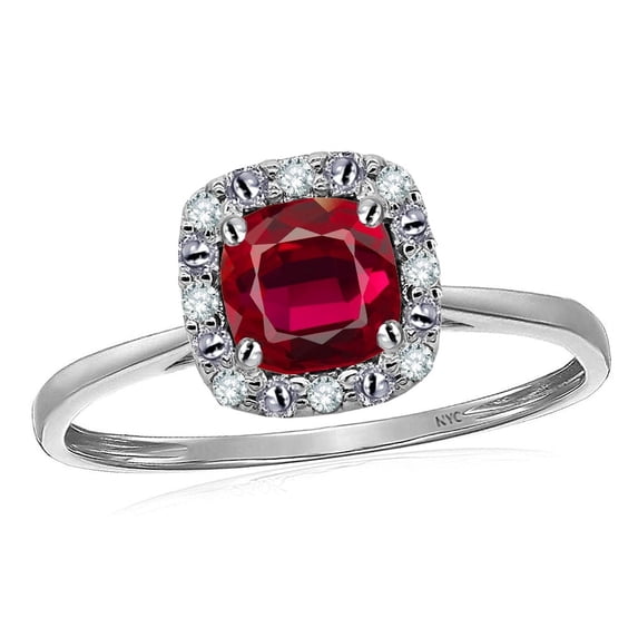 Star K� 14 kt White Gold Classic Cushion-Cut Created Ruby Designer Halo Ring