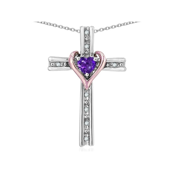 Star K� 14k Rose Gold Two Tone Love Cross with Genuine Amethyst Heart Stone Pendant Necklace