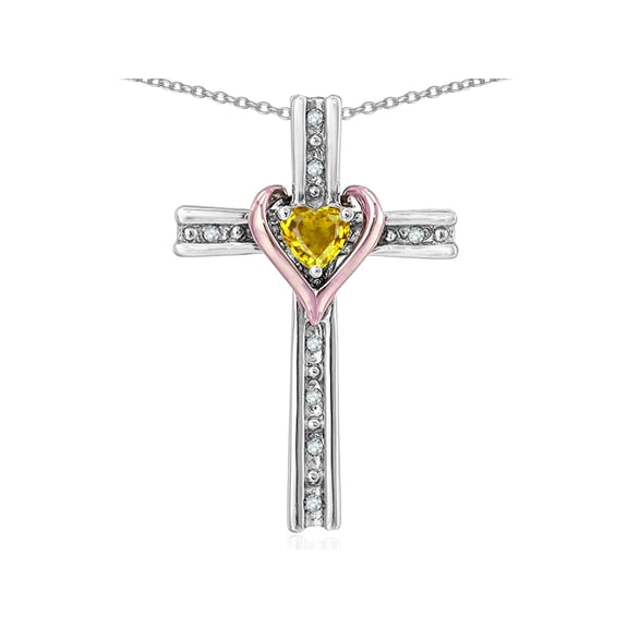 Star K� 14k Rose Gold Two Tone Love Cross with Genuine Citrine Heart Stone Pendant Necklace