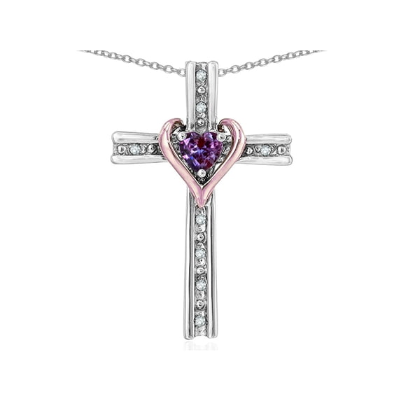 Star K� 14k Rose Gold Two Tone Love Cross with Simulated Alexandrite Heart Stone Pendant Necklace