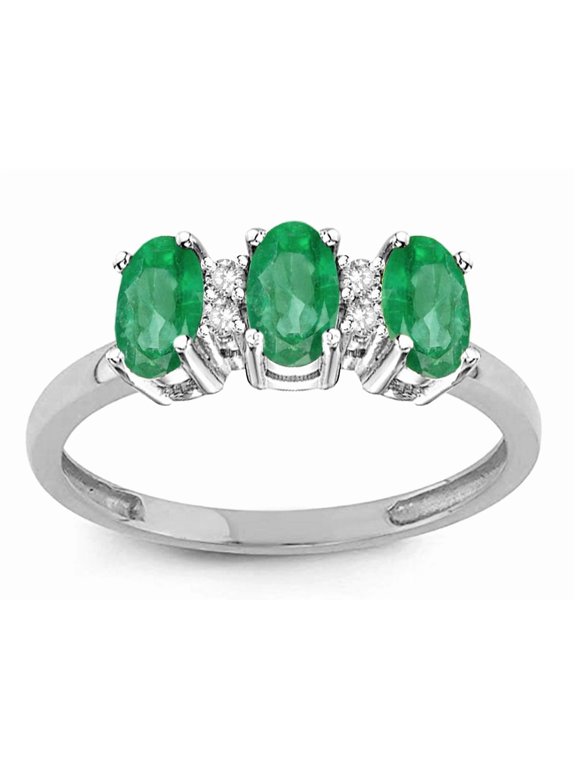 � 3 Three Oval Genuine Emerald Stones Promise Ring Wedding Band