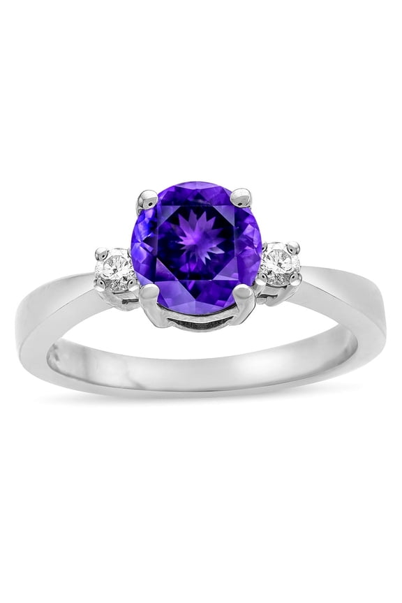 � 3 Three Stone Round Genuine Amethyst Classic Engagement Promise Ring