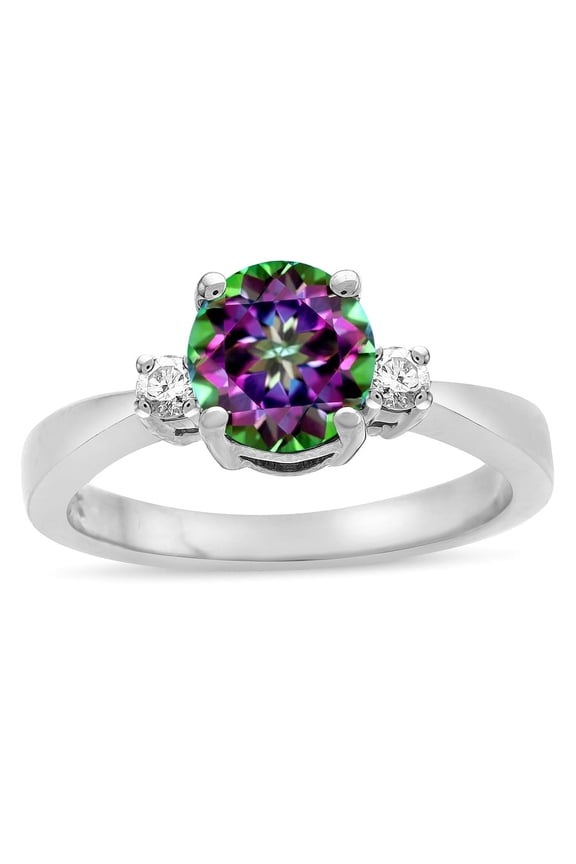 � 3 Three Stone Round Rainbow Mystic Topaz Classic Engagement Promise Ring