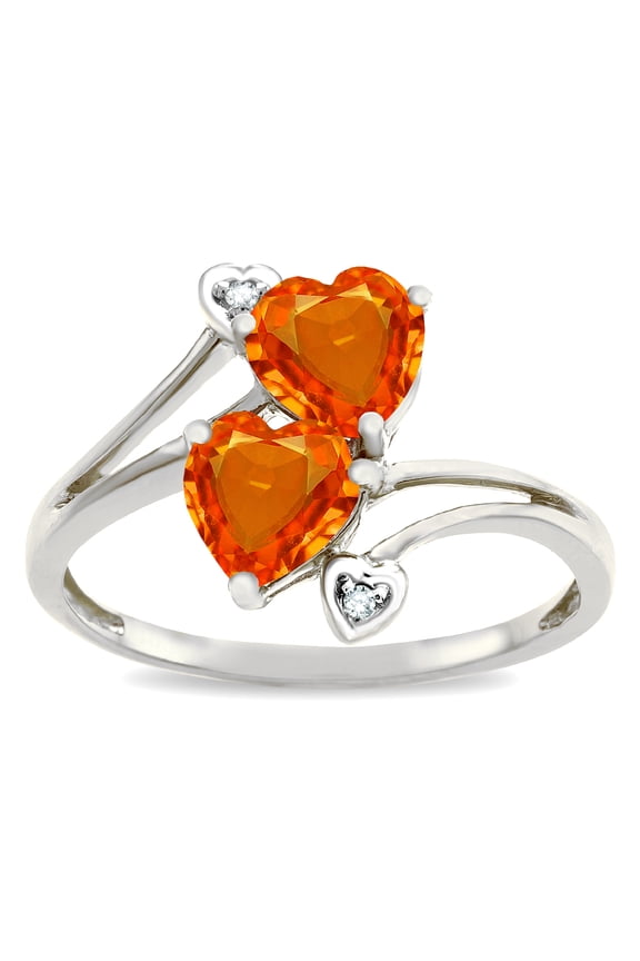 � 6mm Simulated Orange Mexican Fire Opal Two Double Hearts Bypass Promise Ring