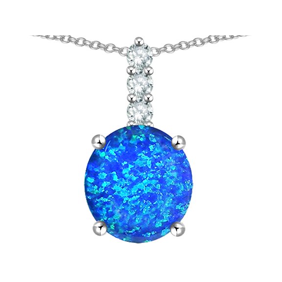Star K � 7mm Round Blue Created Opal Three Stone Pendant Necklace