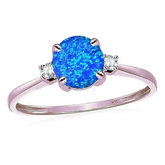 Star K� 7mm Round Created Blue Opal Classic Three 3 stone Engagement Promise Wedding Ring