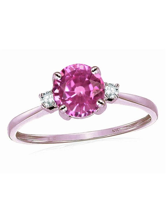 � 7mm Round Created Pink Sapphire Classic Three 3 stone Engagement Promise Wedding Ring